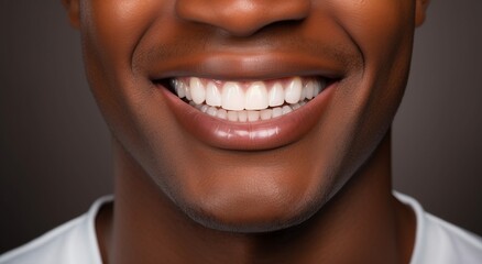 Close up studio shot african guy pointing finger to white shiny toothy smile
