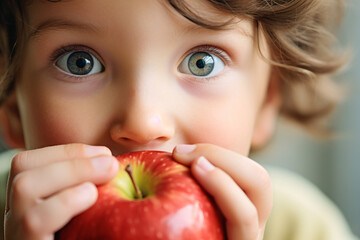 Close up of young child eating healthy red apple fruit