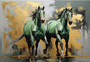 Two horses in water. Oil painting on canvas. Artwork.
