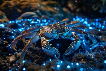 A blue crab hosting a dance party on the ocean floor, with bioluminescent creatures lighting up the dance floor