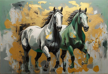 Abstract artistic background of golden brush strokes of oil painting on canvas of two horses. - obrazy, fototapety, plakaty
