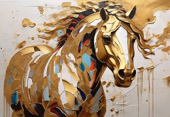 Abstract oil painting, gold horse. Paint spots, paint strokes, knife painting. 