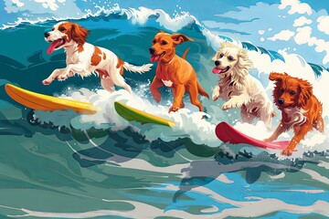 A group of dogs competing in a canine surfing competition at the beach, riding waves and showing off their impressive skills