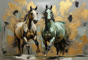 Two horses in the water. Oil painting on canvas. Hand drawn illustration.