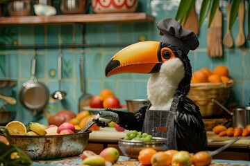 toucan hosting a cooking show, demonstrating how to make tropical fruit salads in its vibrant kitchen - obrazy, fototapety, plakaty