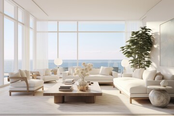 Fototapeta premium Interior architecture of a modern and cozy living room with sofa and furniture under warm sunlight without people. Generative AI.