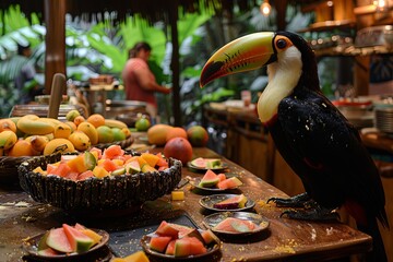 toucan hosting a cooking show, demonstrating how to make tropical fruit salads in its vibrant kitchen - obrazy, fototapety, plakaty