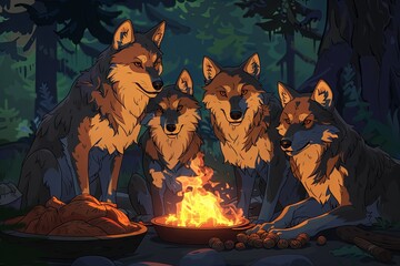 pack of wolves participating in a wilderness cooking competition, using their keen sense of smell to create gourmet dishes from forest ingredients, cartoon