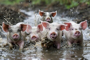 group of pigs practicing synchronized swimming in a muddy puddle, preparing for the annual farm talent show