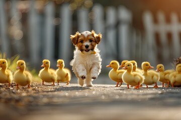 A mischievous puppy leading a parade of ducks through the neighborhood, marching to the beat of a toy drum