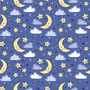 Vector hand drawn seamless pattern. Cute background with sleeping smiling moon, stars, clouds. Night sky, baby print in light blue colors
