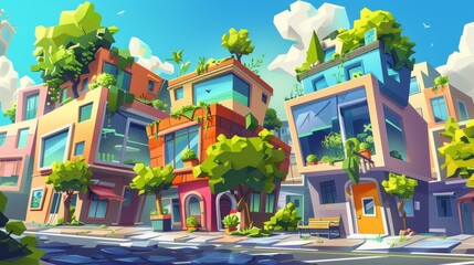 Eco-friendly city district with eco-houses, modern architecture, plants growing on roofs and balconies, and a park with asphalled paving, trees, benches, and rolling hills Cartoon modern