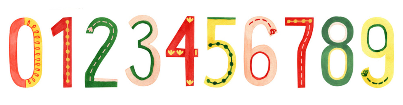 Watercolor funny numbers. All letters. Red, orange, green, yellow, beig, peach fuzz texture. 0123456789. Cute hand-drawn illustration isolated on transparent for your design.