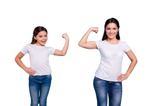 Close up photo two people brown haired mum mom small little daughter hand on biceps who run world girls wear white t-shirts isolated bright blue background