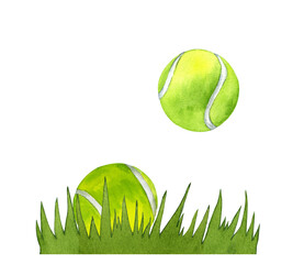 Watercolor set of tennis balls in the grass. Hand drawn sports illustrations isolated on transparent.