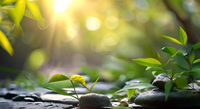 Green tea extract calming hexagonal skin cells, against a peaceful Zen garden scene blurred