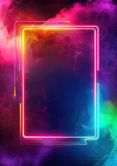 neon rectangular frame with a rainbow of colors glowing in the dark, and has smokey background 