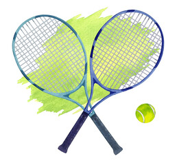 Watercolor set of tennis rackets on green and ball. Hand drawn sports illustrations isolated on transparent.