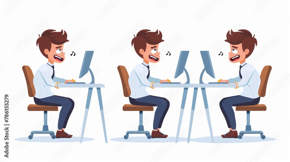 Poster an office worker sits on the desk with a computer with several expressions on his face. the illustra