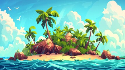 Tropical landscape modern illustration showing an island in the ocean surrounded by sea water, palm trees and rocks with separate layers for 2D animation. - obrazy, fototapety, plakaty