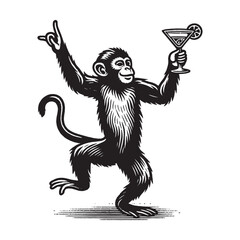 A cheerful dancing monkey with a glass of alcoholic drink in his hand. Vintage retro illustration, emblem logo. Black and white