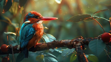 A Levantine White Throated Kingfisher sitting on a tree branch
