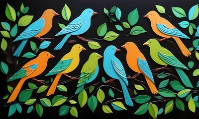 Fototapeta premium wallpaper for children, representing many multi-colored birds, moving among leaves