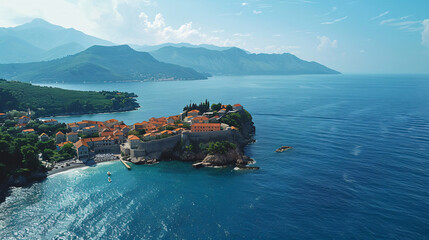 Aerial view of Sveti Stefan island and Budvas riviera - obrazy, fototapety, plakaty