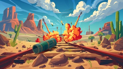 Western train sabotage scene with burning fused dynamite lying on railroad sleepers and bomb explosion in wild west landscape with desert under cloudy skies, Cartoon modern illustration.