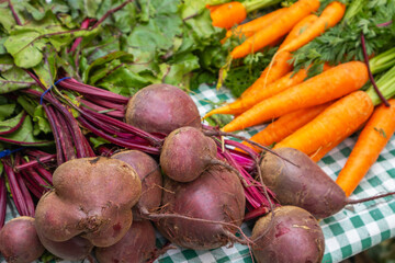 beetroots and carrots on store counter. vegetables, market and shop, food.