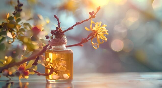 Realistic depiction of witch hazel for skin toning, with a witch hazel plant blurred