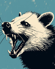 graphic design, opossum hissing, linoprint, simple possum, transparent background сreated with Generative Ai