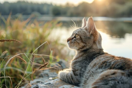 adorable domestic cat exploring nature by the riverside gazing at the horizon animal photography