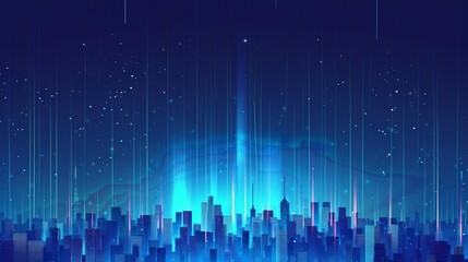 Technological blue background with gradient lighting, distant city skyline, futuristic-style lines and dots, light effects, cityscape silhouette, and geometric patterns