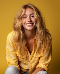 Portrait of caucasian girl, wearing a casual shirt and smiling on studio color background