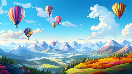 painting of Colorful hot air balloons fly over the mountains, in forest and blue sky with clouds.