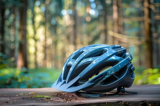 bicycle helmet on wooden surface with blurred forest background adventure and safety concept product photography