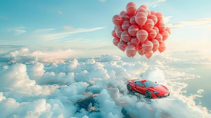 Brand new sports car gift sent to the sky flying tied with string to bunch ol inflatable balloons - obrazy, fototapety, plakaty