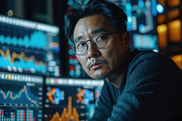 Obraz premium Man in Glasses Looking at Computer Screen.