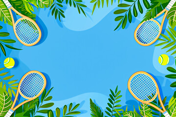 Summer flat lay with tennis balls, racket and tropical leaves on blue background with copy space in the center. Sport concept. Flat lay, top view. - obrazy, fototapety, plakaty