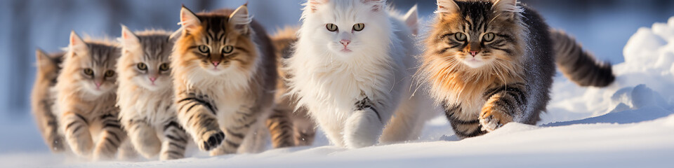 Naklejka na ściany i meble group of cats long narrow panoramic view in a dynamic pose running through fluffy snow, the onset of winter, December christmas nature