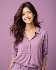 Fototapeta premium Portrait of caucasian girl, wearing a casual clothing and smiling on studio color background