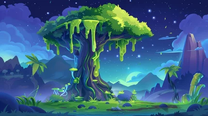Fotobehang The panorama is a one of a kind art piece of a fantasy landscape of an alien world with a tree that drips green slime. The illustration is a modern cartoon illustration featuring a fantastic tree © Mark
