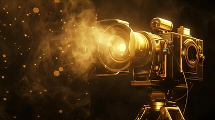 gold movie camera, strobe lighting, over head lighting, spot light, black background