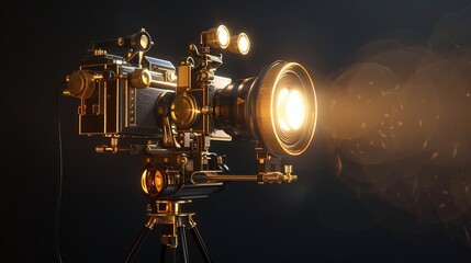 gold movie camera, strobe lighting, over head lighting, spot light, black background
