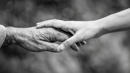Human offering a helping hand to another human being. Black and white.