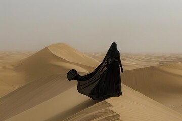enigmatic portrait of a woman in a flowing dress amid vast desert dunes minimalist photography