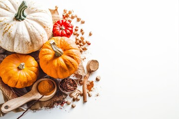 Variety of decorative pumpkins and spices on white background