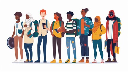 Multiracial students with books, phones, and backpacks. Modern flat illustration showing young men and women characters, muslim girl, and wheelchair user.