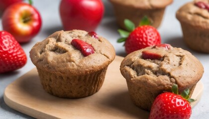 Vegan whole wheat apple muffins with strawberries
